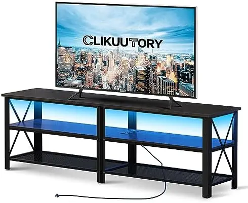 

Black 63 inch TV Stand with LED Lights and Power Outlets for 40 50 55 60 65 70 Inch TVs, 3 Tier Wood TV Console, Entertainment C