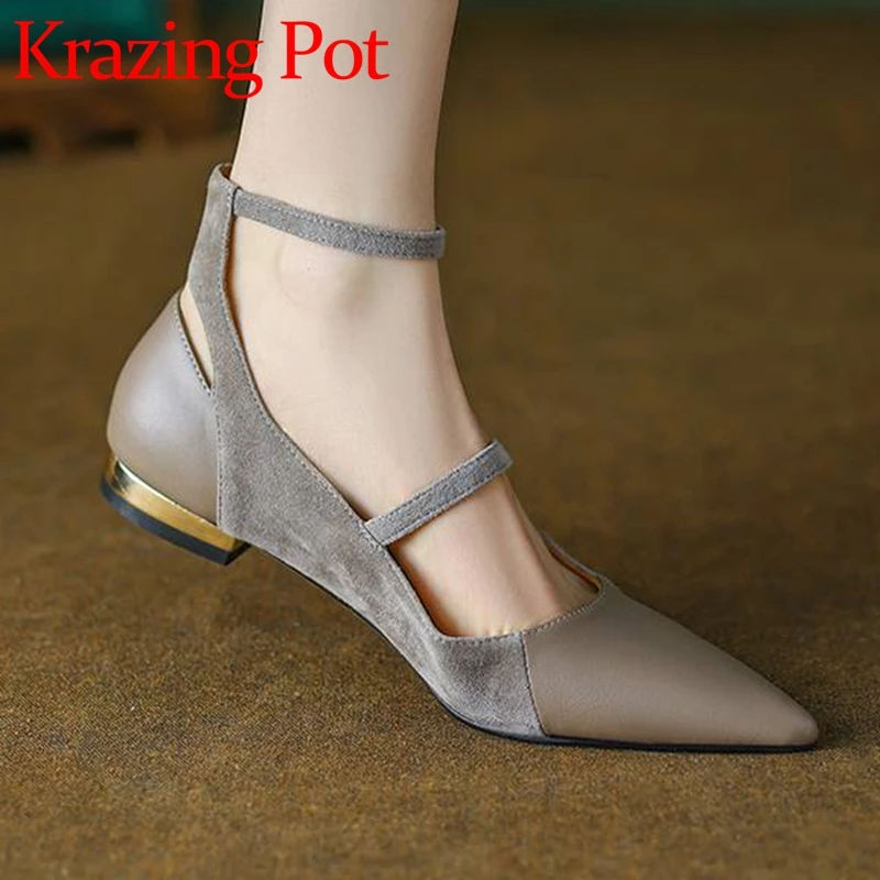 

Krazing Pot New Big Size Sheep Suede Pointed Toe Low Heels Modern Shoes Splicing Design Grace Mature Ankle Buckle Women Pumps