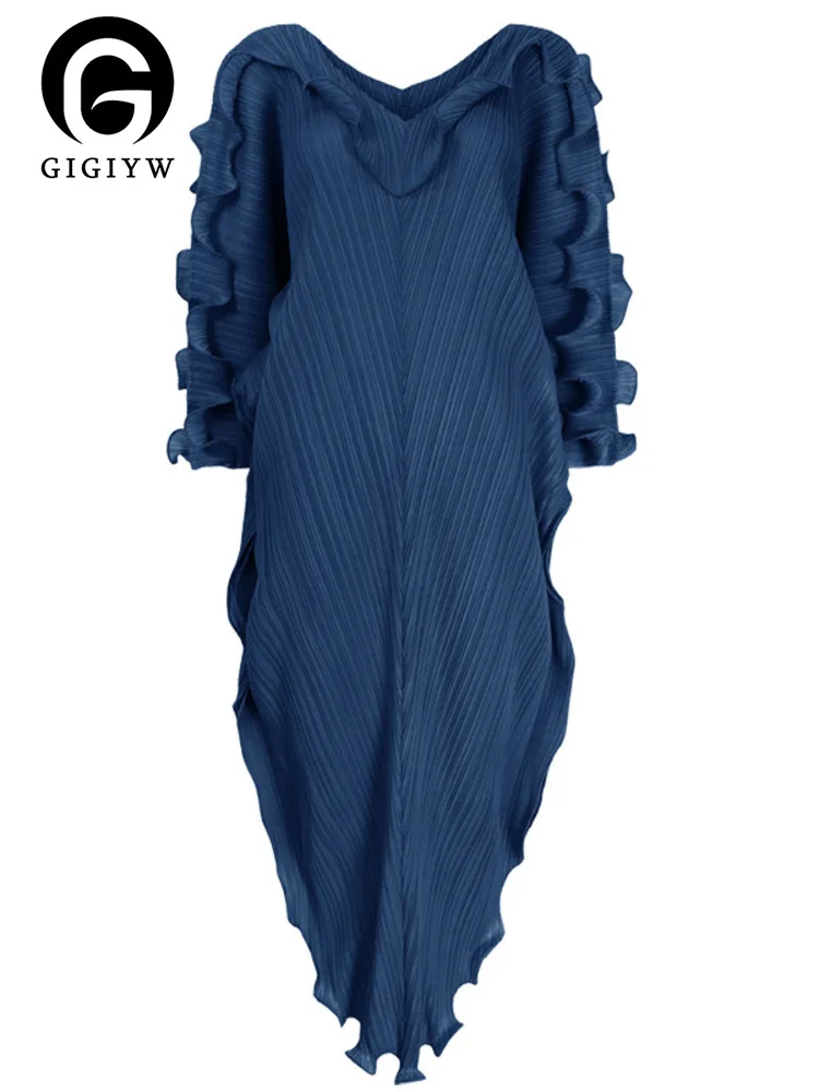 

Женское Плиссированное Платье-миди GIGIYW, классическое платье с оборками и рукавом летучая мышь, эластичное свободное повседневное стильное ...