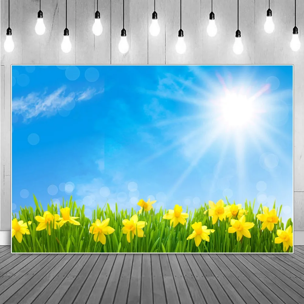 

Spring Morning Sunlight Photography Backdrop Birthday Decoration Children Green Grass Flowers Home Party Studio Photo Background