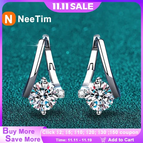 NeeTim серьги-гвоздики муассанит 1 карат серебро 925