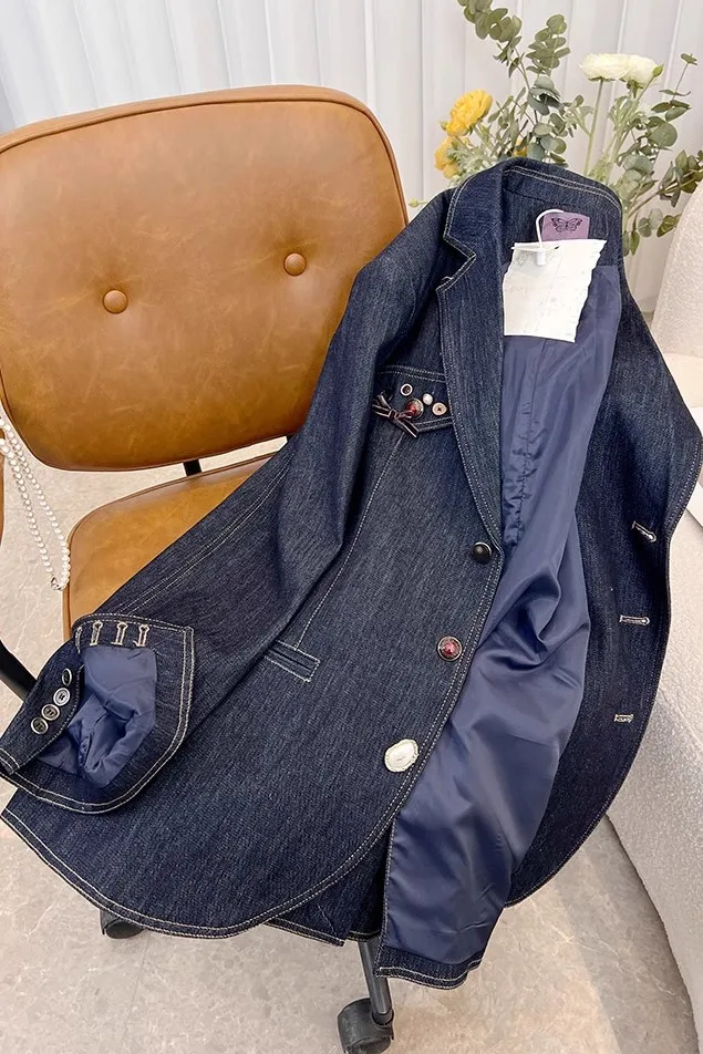 2023 Spring Autumn New Vintage Denim Blazer Coat Women Clothing Heavy Industry Button Handsome Blazer Jackets Ladies Tops AC761