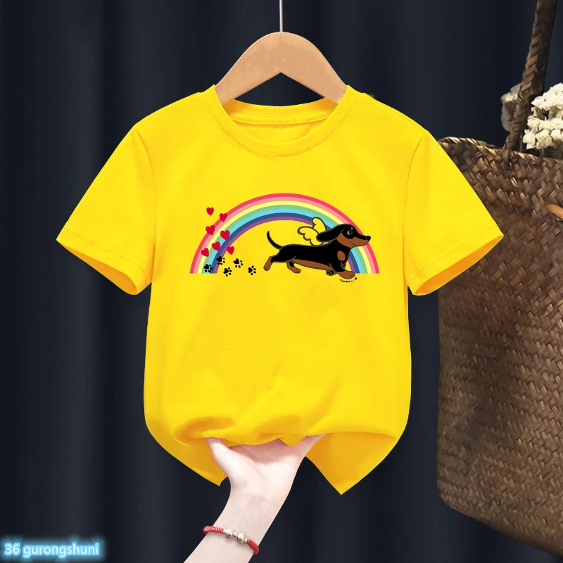 

T-Shirt For Boys Black And Tan Smooth Haired Dachshund Angel Rainbow Dog Cartoon Print Young Children Tshirt Summer Boys Clothes