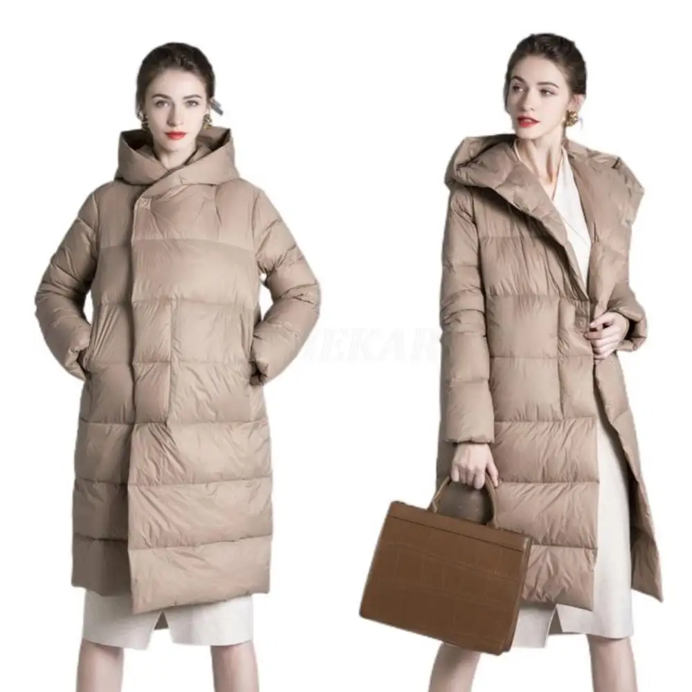 Women's Long Down Jacket  Winter 2022 New Hickened Loose Slimming Eider Down Hooded Coat Loose Over-the-knee Long Down Jacket