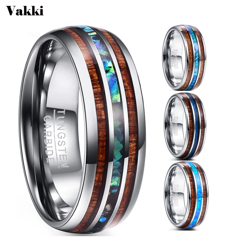 

VAKKI 8mm Hawaiian Koa Wood and Abalone Shell Tungsten Carbide Rings Wedding Bands for Men Comfort Fit Size 5-14 Good Quality