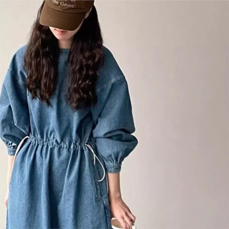 Женское джинсовое платье с карманами повседневное свободное винтажное круглым
