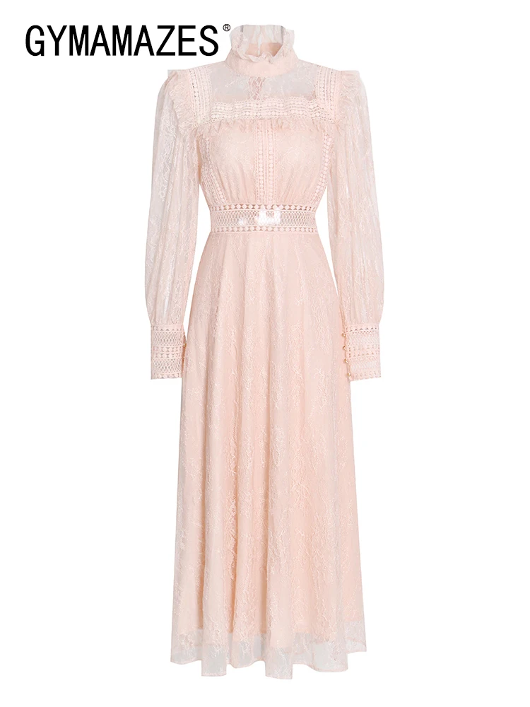 

GYMAMAZES Elegant Patchwork Embroidery Dress For Women Stand Collar Long Sleeve High Waist Lace Panel Dresses Female 2022 Style