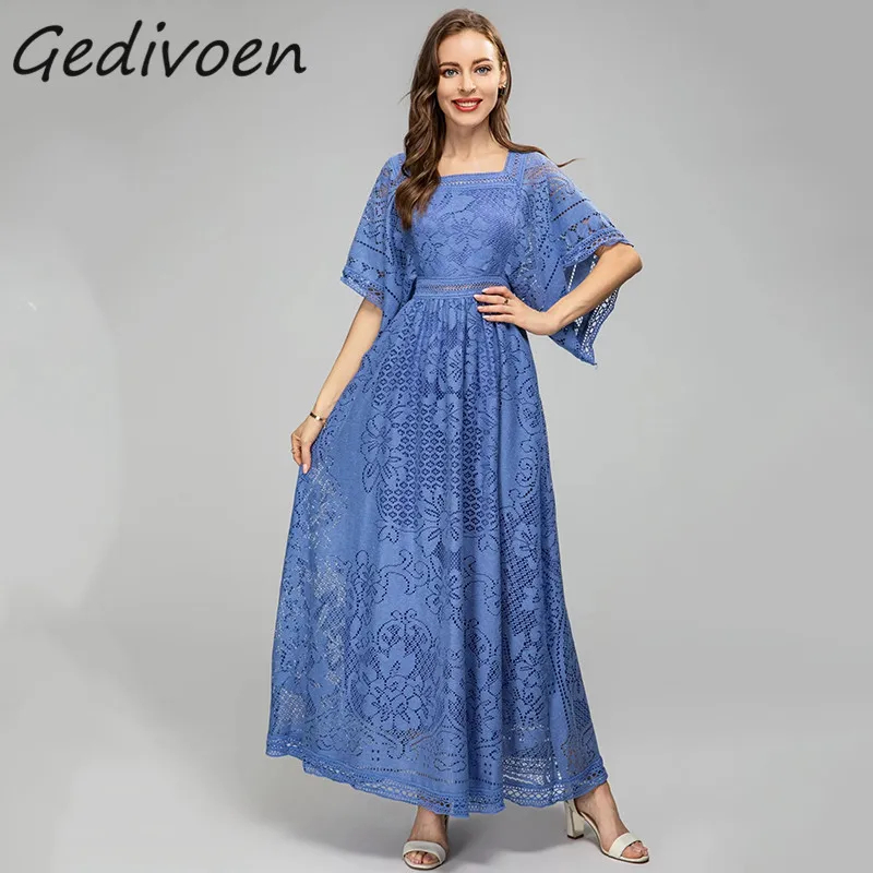 

Летнее модное дизайнерское элегантное платье Gedivoen из сетчатой пряжи, женское длинное платье свободного покроя с расклешенным рукавом и кружевной вышивкой