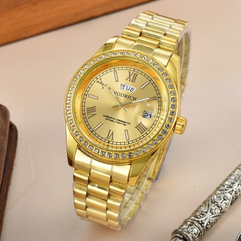 

2022 NEW VODRICH Diamond Frame Daydate Men Women Luxury Gold Alloy Quartz Watch