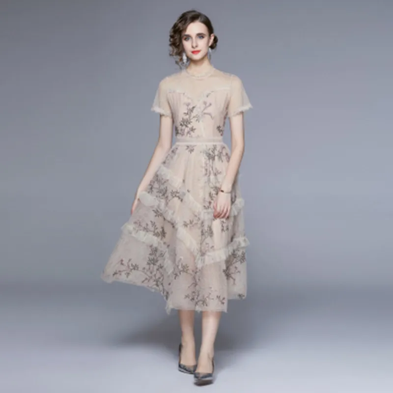 

Summer Heavy Embroidery Gauze Temperament Slim Cake Dress Woman Short Sleeve Fashion Runway Long Dress Female Clothing