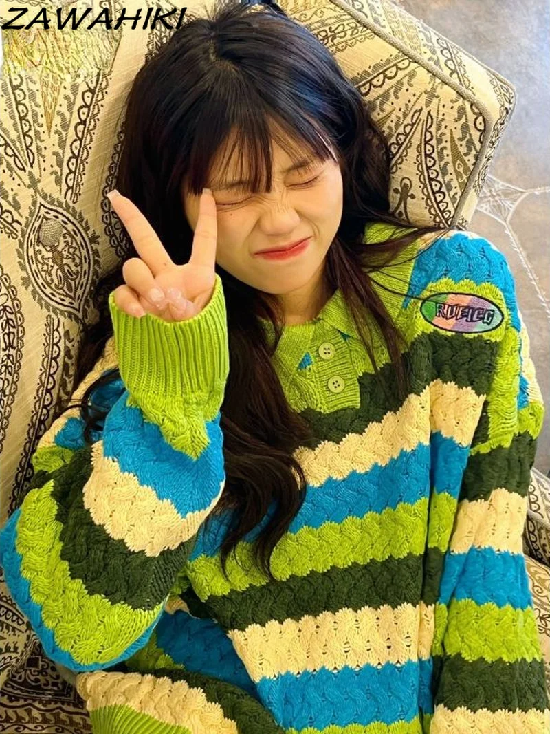

Kawaii Knitted Striped Pullover Sweater Vintage Turndown Collar Button Women Autumn Tops Long Sleeve Knitwear Soft Sweaters