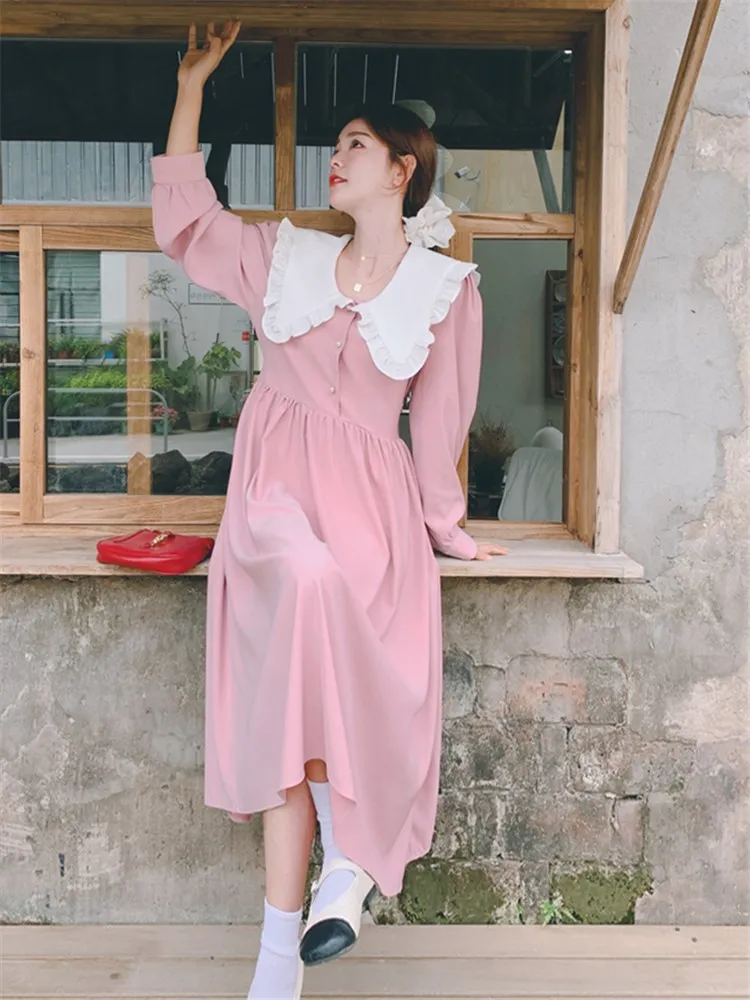 

Pink Sweat Style Peter Pan Collar Long Sleeve Bandage Dress 2023 Spring New Women Elegant Korean Loose Maxi Dresses Girl 2232