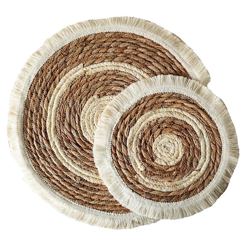 

38cm Round Natural Wicker Cotton Woven Tassels Placemat Plate Water Straw Braided Placemats Rattan Weave Dining Table Dinner Mat