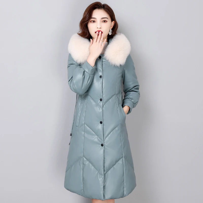 

Real Fox Fur Collar Hooded Women's Down Leather Jacket 2023 Winter 90% Duck Down Coat Long Female Puffer Feather Parkas Outwear