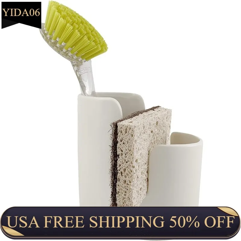 

scarlettwares Dish Sponge Scrub Brush Dish Wand Holder Kitchen Sink Caddy Ceramic White Dishwasher Safe Modern Farmhouse