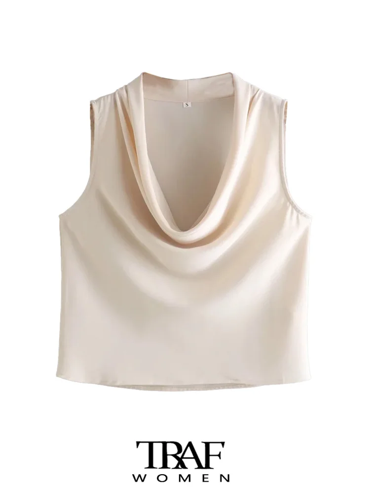

TRAF Women Fashion With Flowing Neck Satin Blouses Vintage Sleeveless Loose Female Shirts Blusas Chic Tops