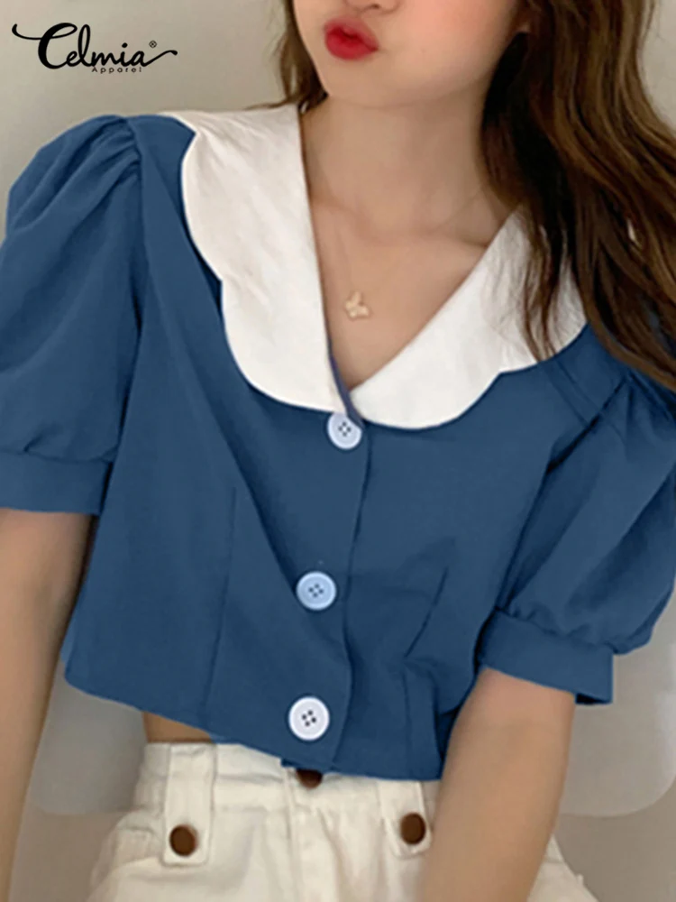 

Celmia Women Korean Style Cute Blouses Summer Short Tops Fashion Peter Pan Collar Shirts Elegant Short Puff Sleeve Blusas Femme