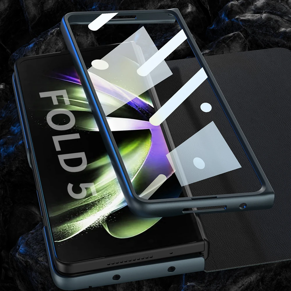 Side S Pen Holder Cover for Samsung Galaxy Z Fold 5 Case Leather Stand Cover with Front Glass Film Armor Fundas