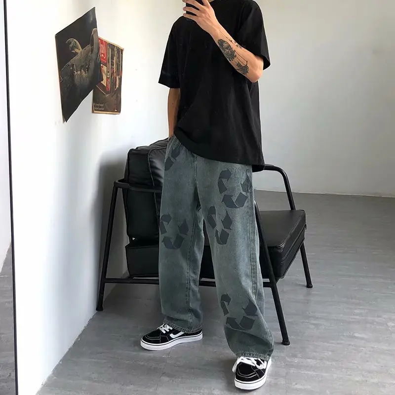 2022 New Fashion Graffiti Vintage Men Baggy Jeans Trousers Hip Hop Straight Loose Harajuku Denim Pants For Teens Korean Clothes