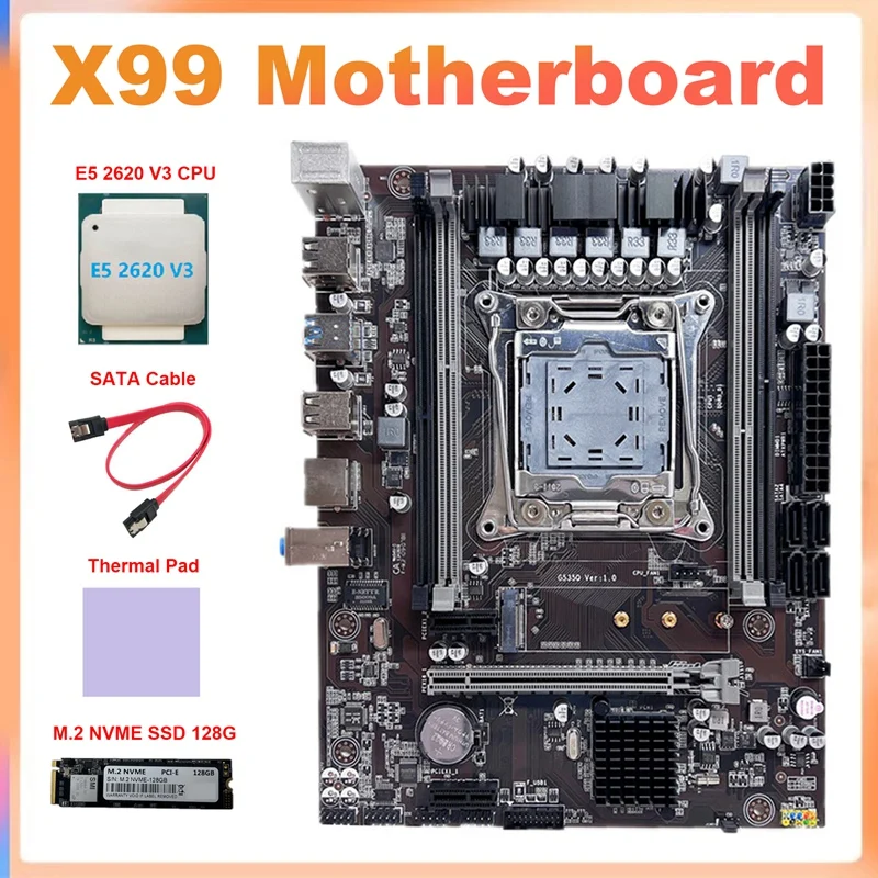 

X99 Motherboard LGA2011-3 Computer Motherboard Support DDR4 ECC RAM+E5 2620 V3 CPU+M.2 SSD 128G+Thermal Pad+SATA Cable