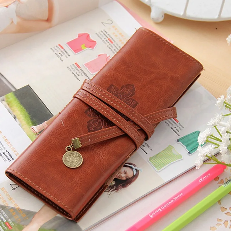 

New Style Roll Leather Purse Pouch Makeup Pencil Case Cosmetic Bag Retro