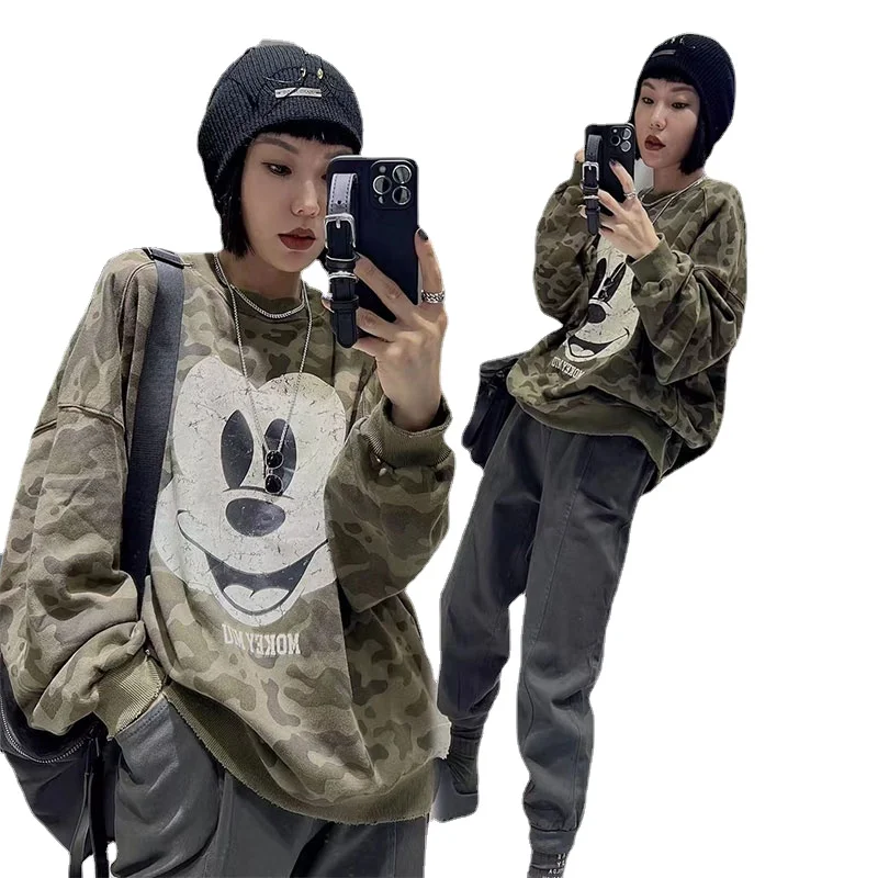 Camouflage Color Round Neck Sweatshirts for Women 2022 Autumn New Fashion Cartoon Printed Loose Long Sleeves Pullover Hoodies