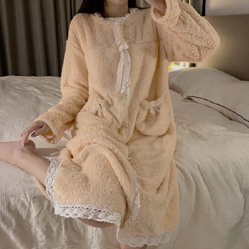 Fleece Long Sleeve Warm Autumn Long Dressing Gown Sleepdress Winter Thicken Nightdress Home Dress Nightgown Women Flannel Coral