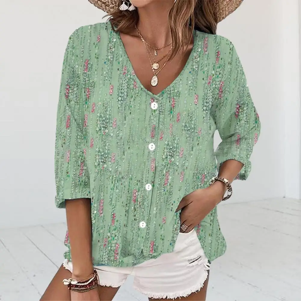 

Soft Women Top Flower Print V Neck Women's T-shirt Soft Casual Colorfast Spring-fall Blouse with Long Sleeves Buttons Breathable
