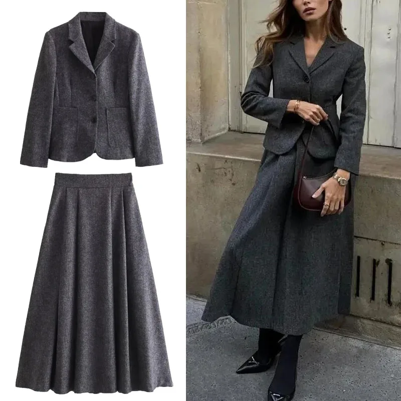 

TRAF Woman Wool Blend Short Blazer Grey Lapel Long Sleeves Button Blazer Autumn Office Female Commute Tops+Ruched Midi Skirt Set