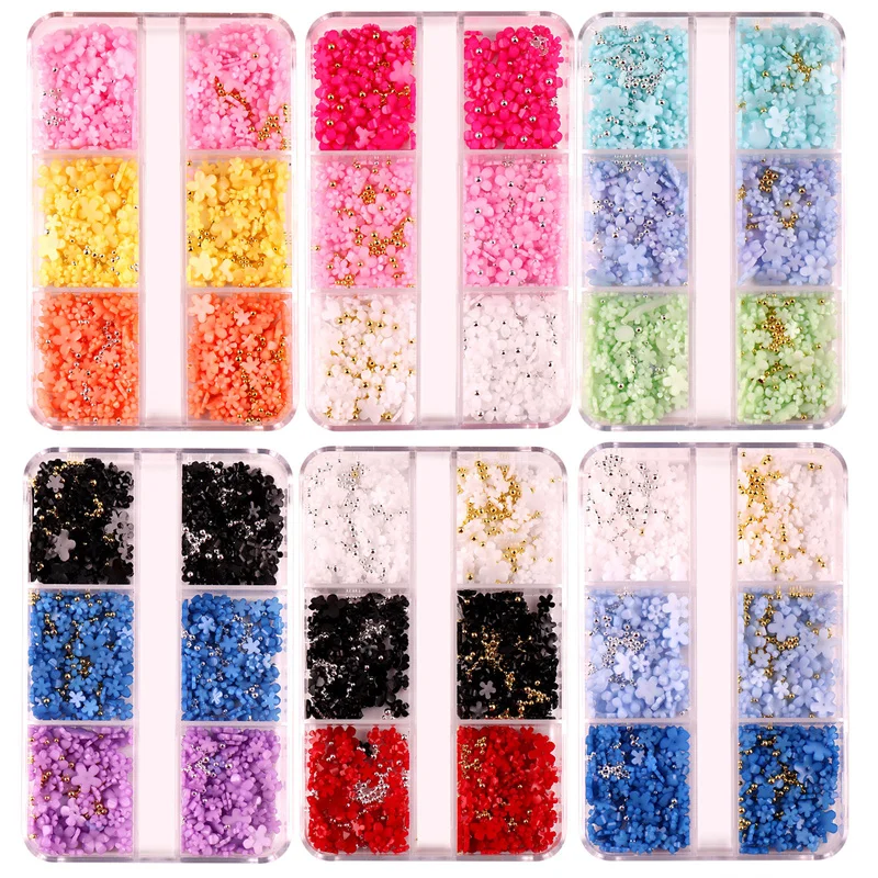 

600pcs/100pcs 3D Acrylic Flower Nail Decoration Mixed Steel Beads Gems Nail Art Charms Jewelry Kawaii Nails Supplies Accessories