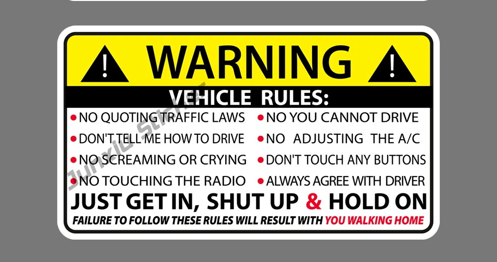 

Vehicle Rules Funny Vinyl Sticker Car Truck Window Decal Safety Warning JDM Auto Scratches Sunscreen Decal Decor PVC Accessories