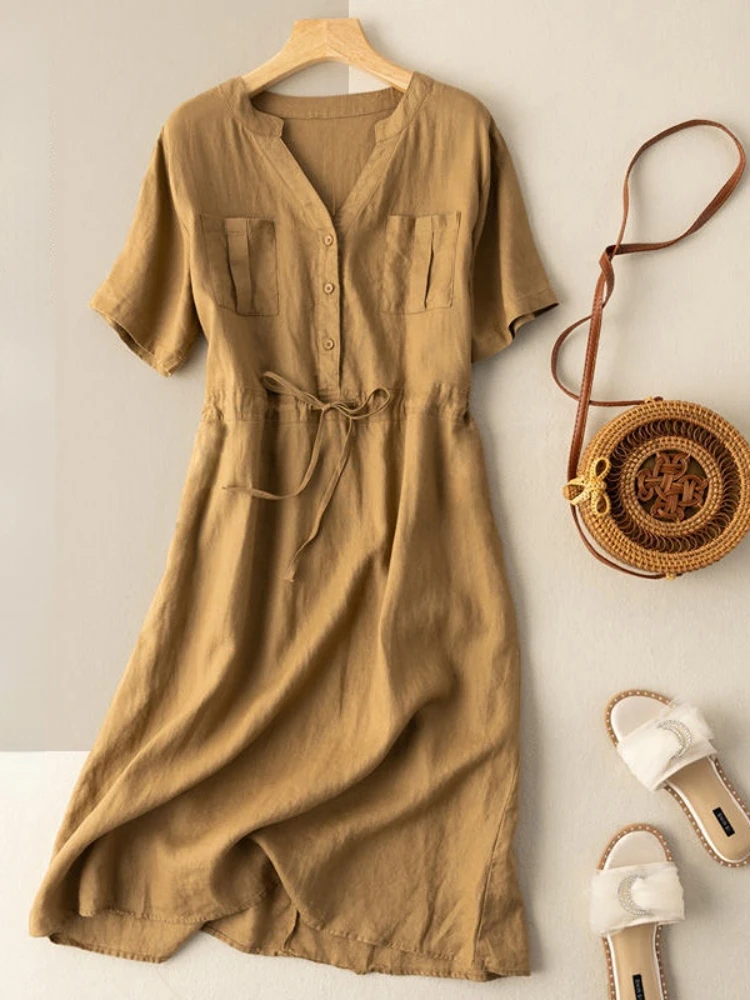 

Summer New Women's Dress Fashion Loose Women's High Waist Short Sleeve Drawstring Waist Slim Dress Simple and Comfortable