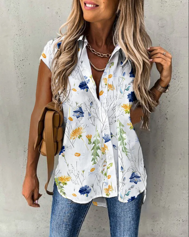 

Floral Print Short Sleeve Button Down Shirt Women Turn Down Neck Flower Summer Fashion Shirts Blouse Top