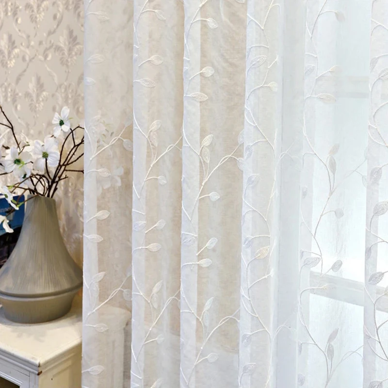 

LISM Modern Leaves Embroidered White Tulle Curtains for Living Room Bedroom Sheer Kitchen Voile Window Treatment Drapes Custom