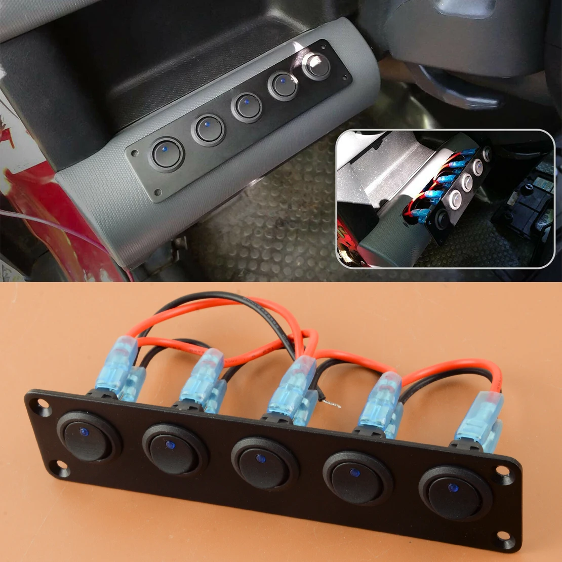 

Car 5 Gang Blue Led Center Rocker Toggle Switch Panel for Truck RV Boat Marine Caravan Dash 12V-24V ON-OFF 15amp