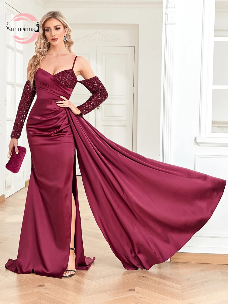 

Fannonnaf Split Burgundy Evening Dress Luxury Dubai Cut Out Straps Elegant Ruched Mermaid Party Prom Dresses Women Sequin Satin