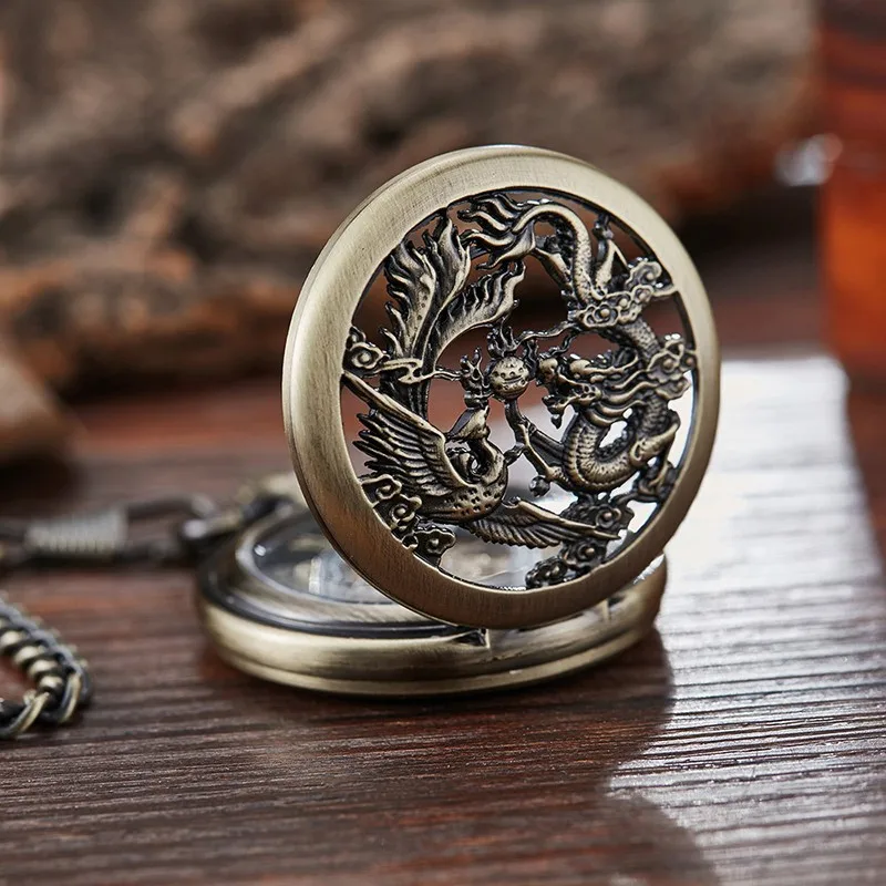 Chinoiserie Double Cranes Playing With Pearls Pattern Hollowed Out Relief Dragon Type Manual Mechanical Large Pocket Watch Clock
