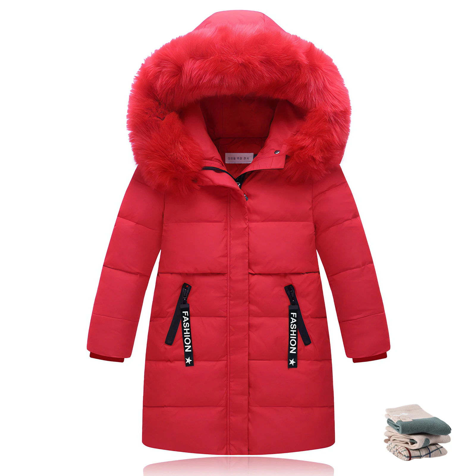 

Fur Hooded Girls Down Jacket Thick Windproof Warm Parka Letter Printed Cotton Outerwear Teen Kids Skiing Clothes for Winter