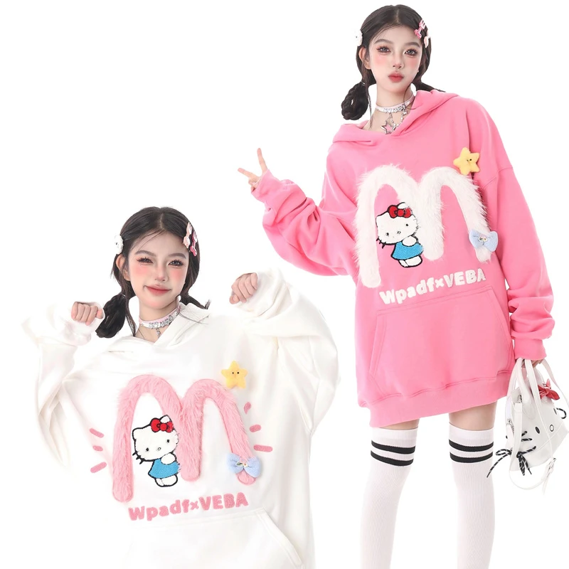 

Sanrio Plush Embroidered Hooded Velvet Sweatshirt Winter Women's Cute Cartoon Hello Kitty Loose and Versatile Couple Hooded Top