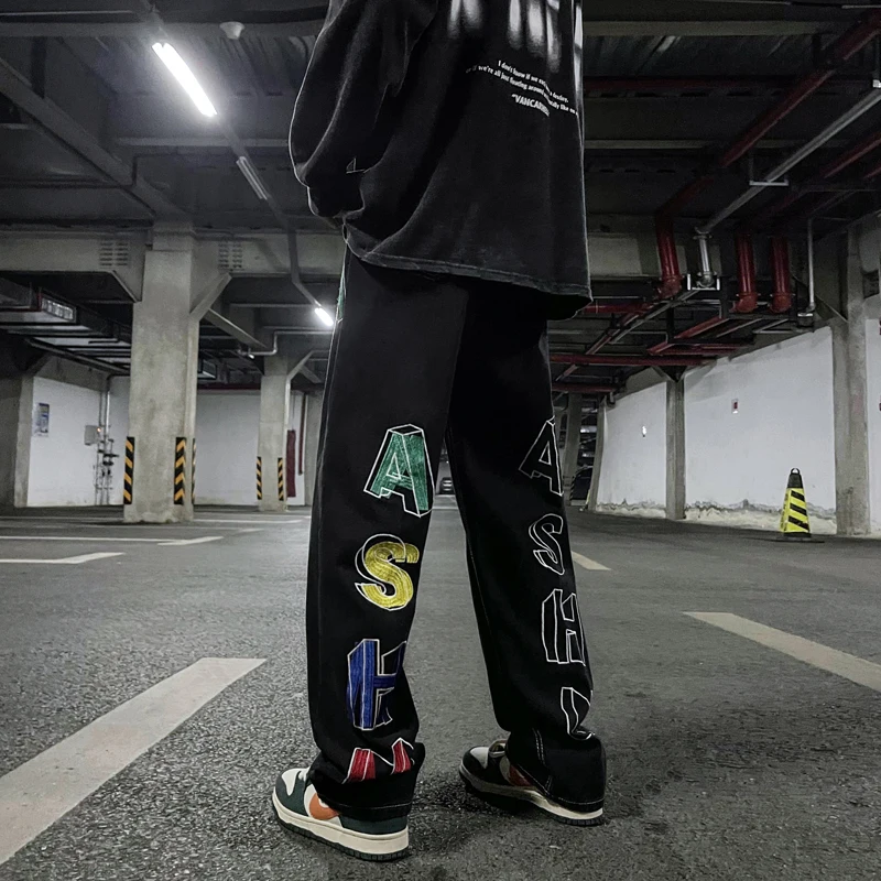 Men's Jeans Loose Embroidered Design Solid Color Men and Women's Hip Hop y2k Pants Streetwear High Quality Workwear Jeans Casual