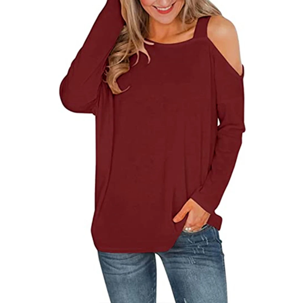 

Fashion Autumn Casual Loose T Shirts Women One Shoulder Off Sexy Cotton Long Sleeves Tshirts Solid Basic Tops Ladies Clothing