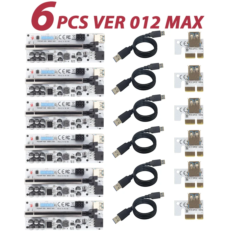 

6Pcs Newest Riser VER012 MAX USB 3.0 PCI-E Riser VER 012 MAX Express 1X 16x Extender GPU Riser Adapter Card LED Work Indicator