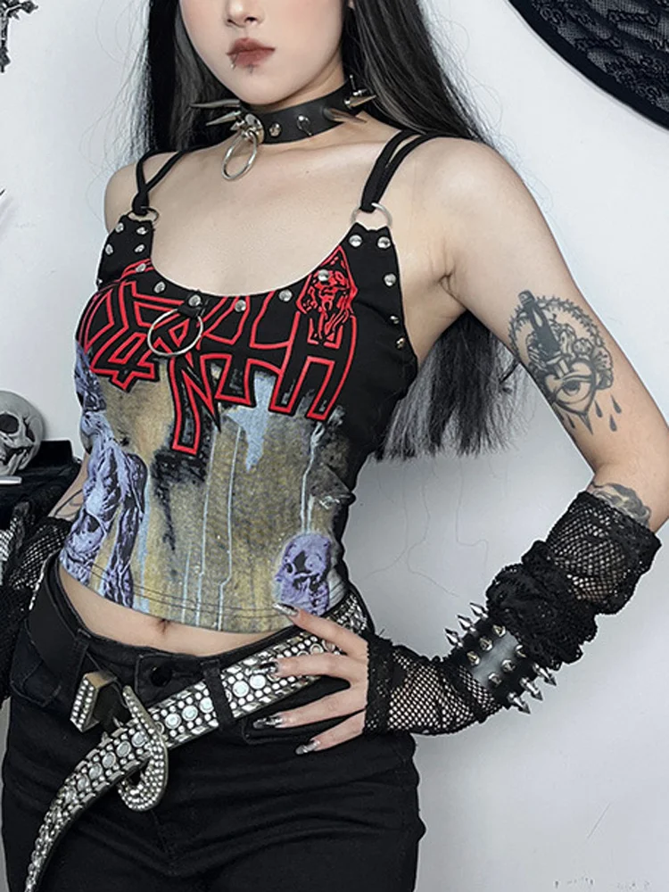 

Vintage Sexy Y2k Halter Tops Grunge Irregular Camisole Gothic Skull Print Tanks Japanese Harajuku Crop Tops Chic Punk Streetwear