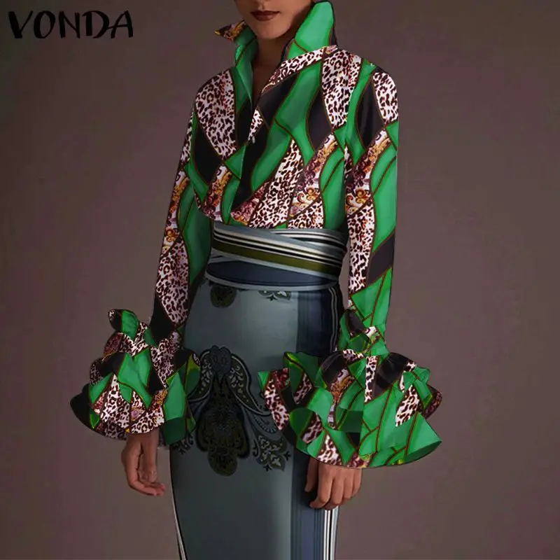 

Рубашка VONDA женская с леопардовым принтом, топ с расклешенными рукавами, Повседневная Блузка с воротником с лацканами и пуговицами
