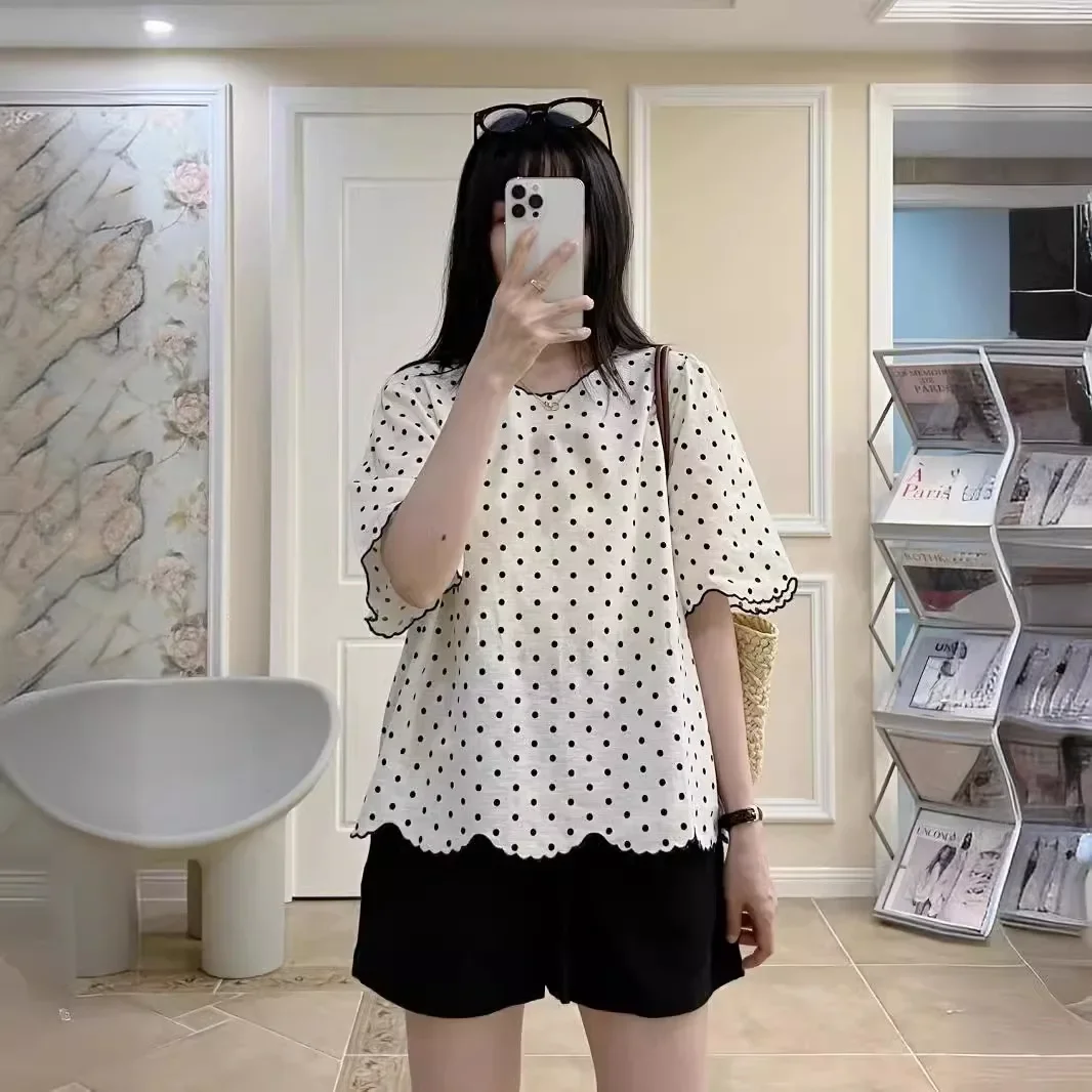 Женский топ с короткими рукавами и вышивкой в горошек свободная летняя рубашка