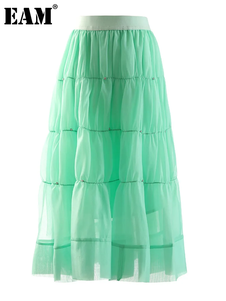 

[EAM] High Elastic Waist Green Mesh Layers rhinestones Long Cake Half-body Skirt Women Fashion New Spring Autumn 2022 1DE7556