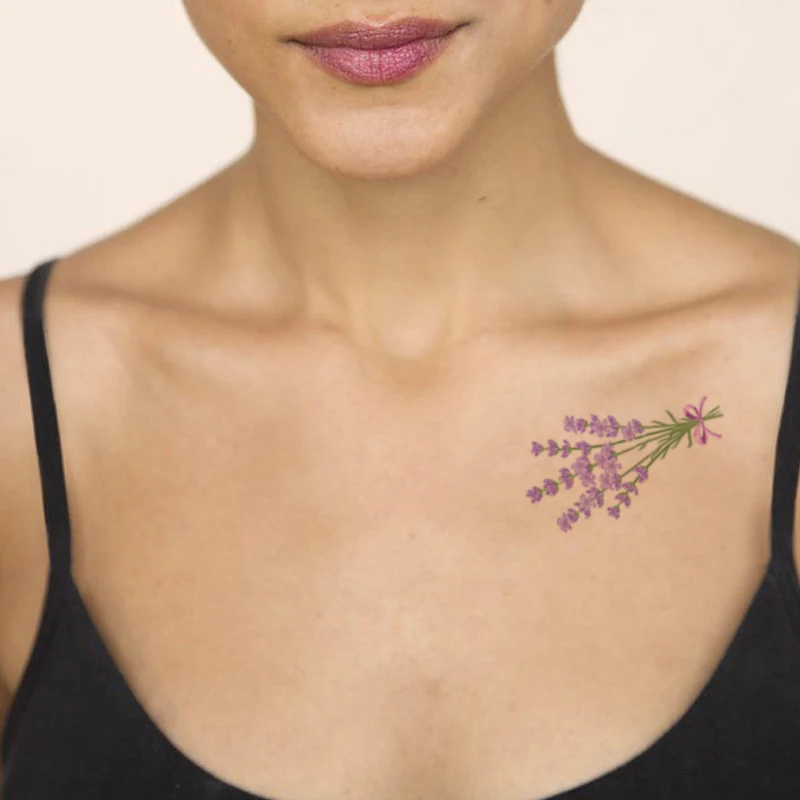 

Watercolor Flower Temporary Tattoos Lavender Bow Sticker Fake Waterproof Tattoo Decal for Women Body Art Legs Chest Neck Tatoos