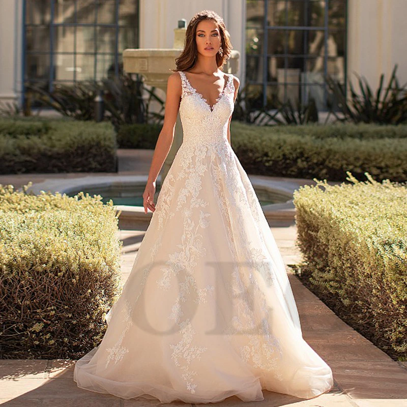 

Elegant Wedding Dress Vintage V-Neck Sleeveless Appliques Buttons Tulle Ruffled Sexy Princess Glitter Robe De Mariee Women