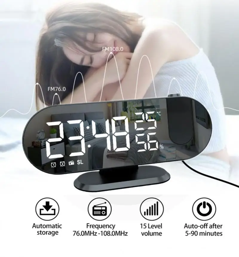 Часы-Будильник с FM-радио и зеркальной проекцией светодиодный дисплей