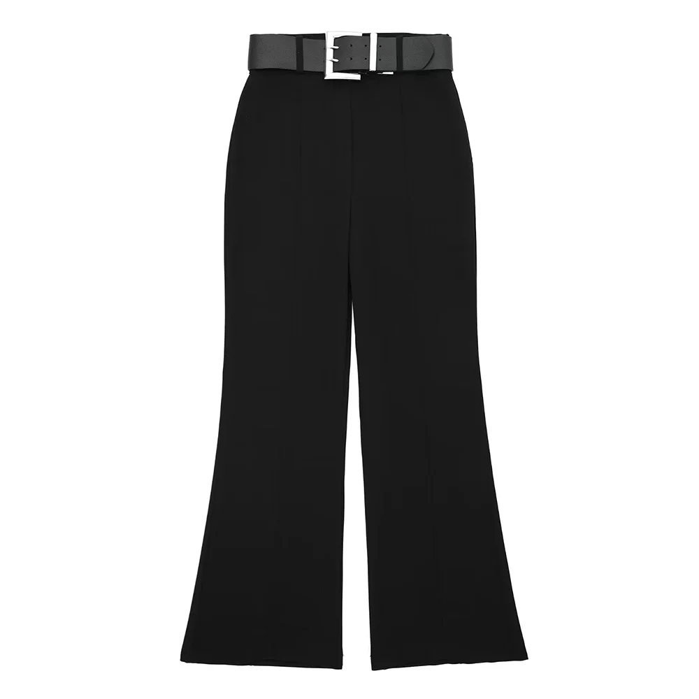 

PB&ZA High Waist Women's Flared Pants Autumn Clothes Loose Casual Trousers with Belt Black Fashion Female Officewear 7484205